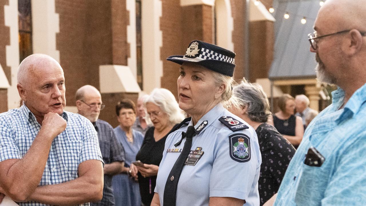 Bruce Long (left) and Geoff Castle talk to Police Commissioner Katarina Carroll before the Toowoomba Community Safety Forum at Empire Theatres on February 15. Picture: Kevin Farmer