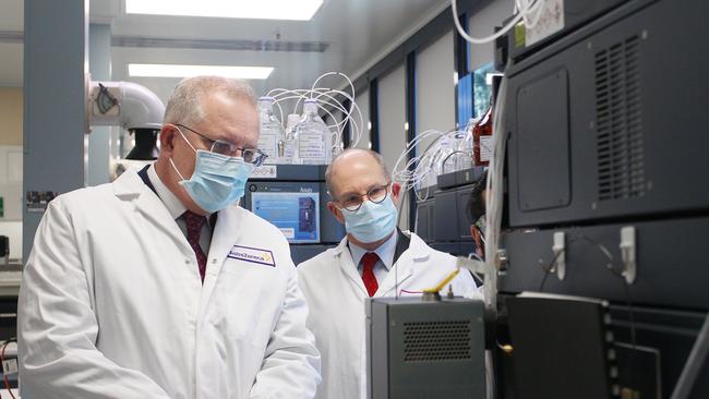 SYDNEY, AUSTRALIA – AUGUST 19: Prime Minister Scott Morrison and Professor Peter Kelly meet with team members of the Analytical Laboratory at AstraZeneca on Wednesday. Picture: Lisa Maree Williams/Getty Images