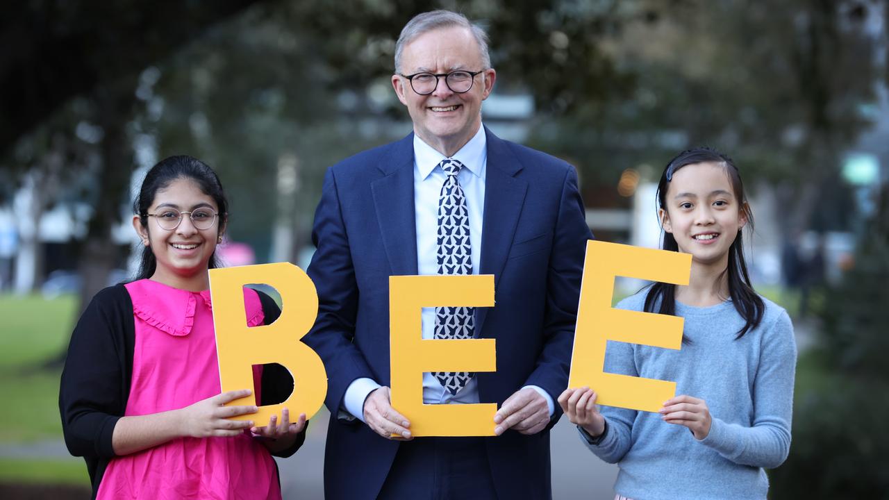 Prime Minister Anthony Albanese launched the 2022 Prime Minister’s Spelling Bee with two of last year’s winners, Theekshitha Karthik, 12, and Arielle Wong, 11. Picture: David Caird