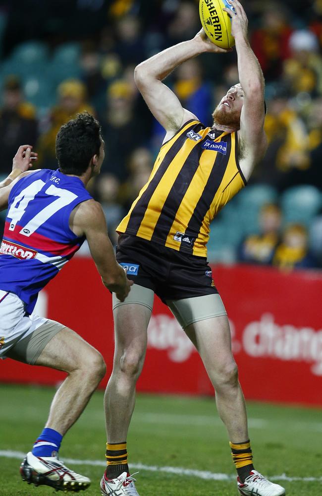 Hawk Jarryd Roughead mauled the Bulldogs. Picture: Michael Klein