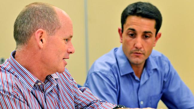 Queensland Premier Campbell Newman, and MP David Crisafulli, talk about the local disaster management in preparation for landfall of Tropical Cyclone Dylan near Townsville, Queensland. Pictures: Wesley Monts