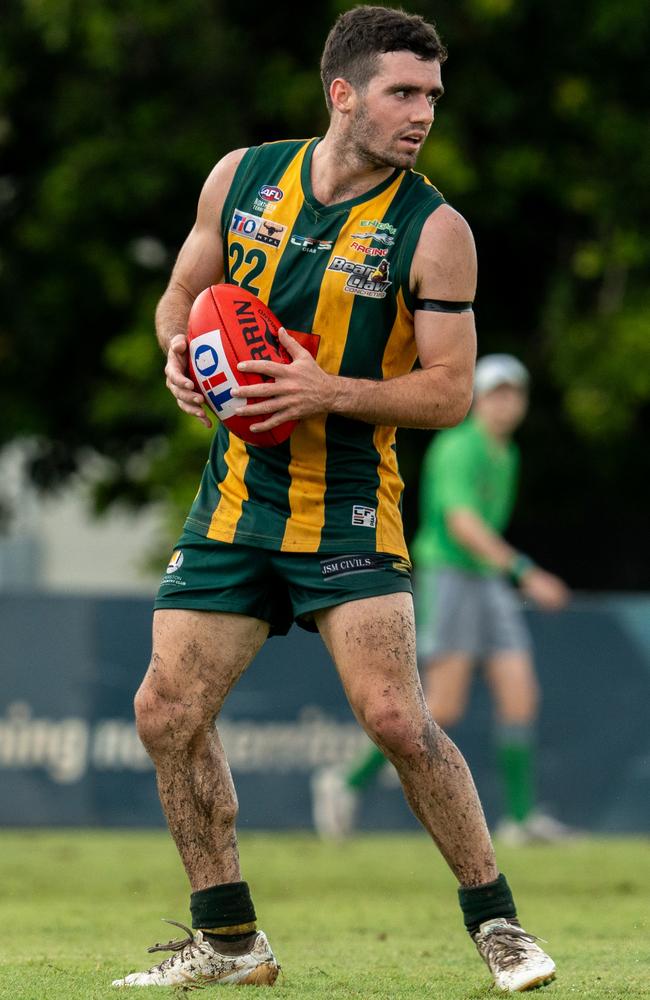 Adam Jorgensen playing for PINT in the 2024-25 NTFL season. Picture: Tymunna Clements / AFLNT Media