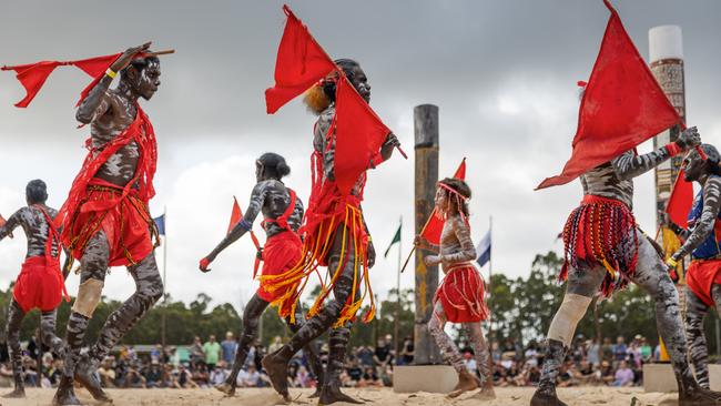 Red Flag dancers perform on the Bungul grounds during Garma Festival at Gulkula.