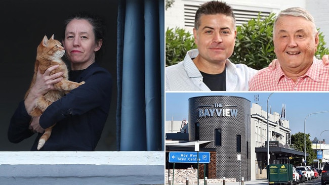 Rachel Mayhem​, left, pictured ​with her mum’s cat at Woy Woy’s Bayview​ Hotel. ​Stuart and Arthur Laundy​ (top right) say they are​ not the correct defendants. Pictures: Sue Graham and News Corp