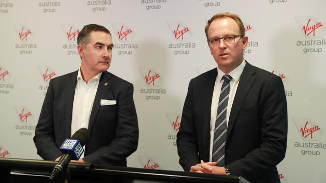 Virgin Australia CEO Paul Scurrah and administrator Vaughan Strawbridge of Deloitte who will try to save the airline from collapse. Picture: John Feder