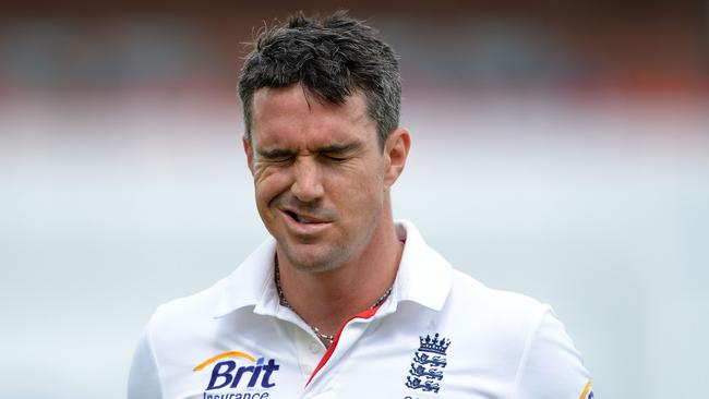 England's Kevin Pietersen reacts after losing his wicket for 8 runs during the fifth day of the third Ashes cricket test match between England and Australia at Old Trafford in Manchester, north-west England, on August 5, 2013. AFP PHOTO/ANDREW YATESRESTRICTED TO EDITORIAL USE. NO ASSOCIATION WITH DIRECT COMPETITOR OF SPONSOR, PARTNER, OR SUPPLIER OF THE ECB