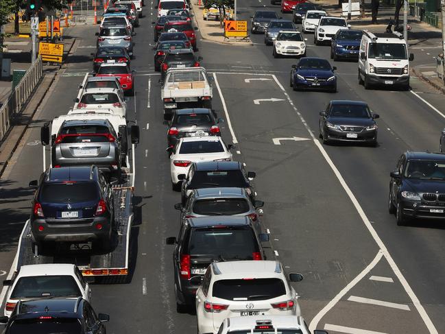 Traffic in Melbourne along Olympic Boulevard. Picture: Alex Coppel.