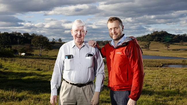 Phil and his son Ed O'Grady on their land in Cobbitty where 800 homes will be built. Picture: Jonathan Ng