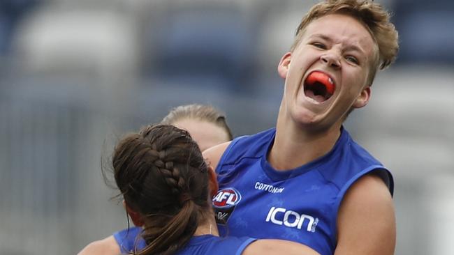 Dakota Davidson celebrates her brilliant goal in Brisbane’s win.