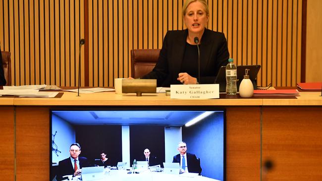 Shadow Minister for Finance Katy Gallagher questions Australian Prudential Regulation Authority chairman Wayne Byres (2nd R) as he appears by audio visual link at the Senate Inquiry into COVID-19 in Canberra. Picture: AAP