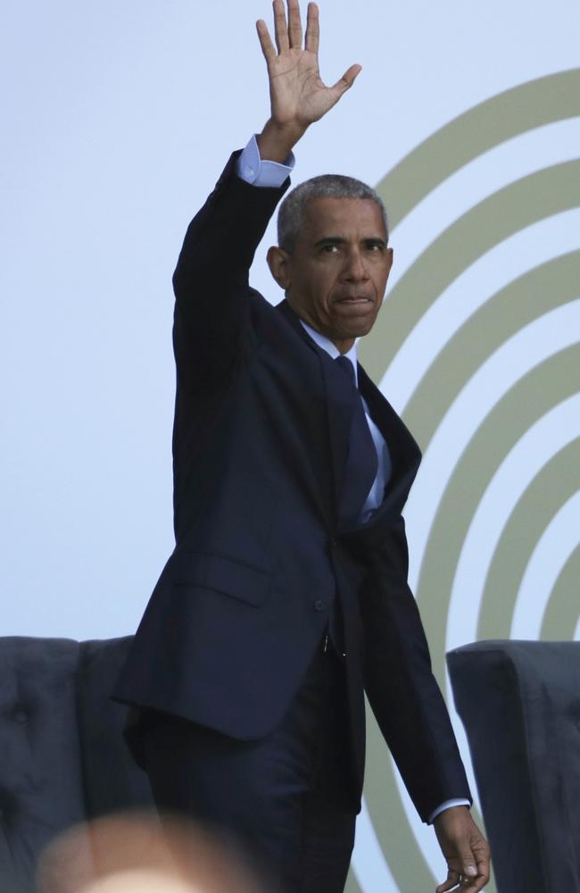 Barack Obama earlier denounced Mr Trump’s behaviour at the summit in a veiled attack during a dramatic speech marking 100 years since Nelson Mandela’s birth in South Africa. Picture: AP Photo/Themba Hadebe