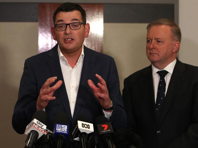 NEWS2019ELECTION 12/5/2019. DAY 32Victorian Premier Daniel Andrews  and Anthony Albanese speaking at a press conference after attending the Opposition Leader Bill Shorten  address for the final week campaign rally at the Clocktower Centre in Melbourne.Picture Kym Smith