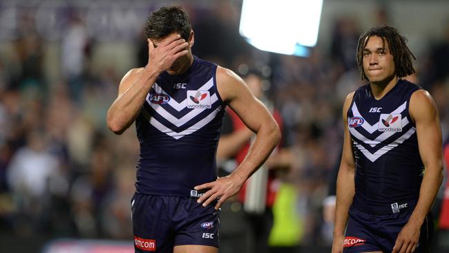 Docker Matthew Pavlich reacts to the final siren. Picture: Daniel Wilkins