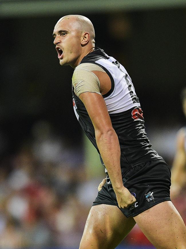 Port’s Sam Powell-Pepper celebrates after kicking a goal against the Swans. Picture: Brett Hemmings / AFL Media / Getty