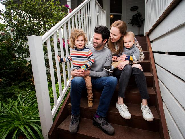 Chris and Jo Parkinson at home in Eltham with their children Billy, 1, and Eddie, 3. Victorians can't wait to emerge from lockdown.Photograph by Paul JeffersThe Australian18 Oct 2020