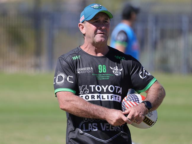 LAS VEGAS, NEVADA - FEBRUARY 27: Ricky Stuart, head coach of Canberra Raiders looks on during an NRL training session at James Regional Sports Park Field on February 27, 2025 in Las Vegas, Nevada. (Photo by Ethan Miller/Getty Images)