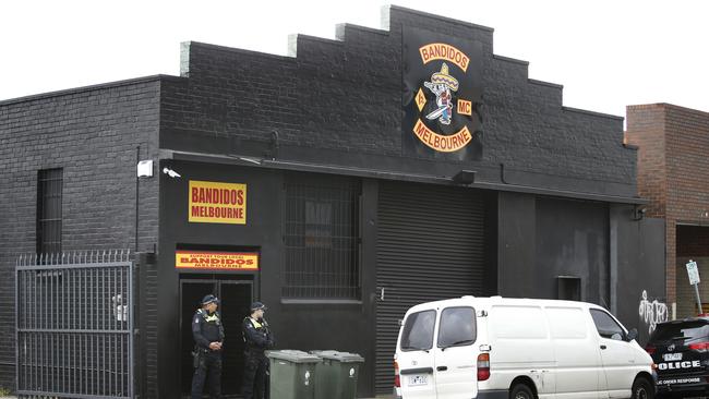 Bandidos Clubhouse in Weston street Brunswick. Police guard outside the premises. Picture: David Caird