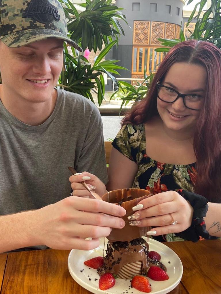 Nicholas Coote and Khloey Angus at Max Brenner where they got stuck into a Duo Dessert:.<br/> <br/>