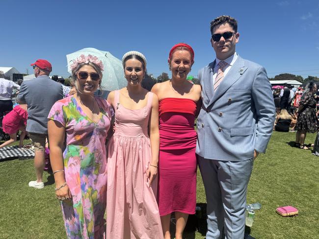 Josie Smith, Shania Prentice, Sarah Miller and Angus Gray at the Melbourne Cup at Flemington Racecourse on November 5, 2024. Picture: Phillippa Butt