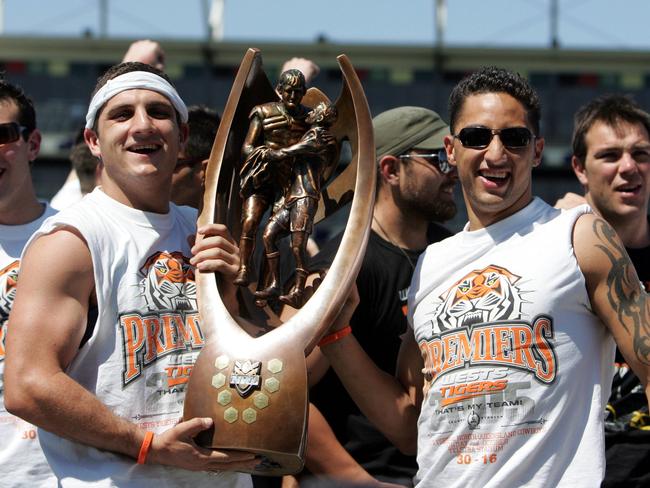 NRL — Wests Tigers celebrations at Campbelltown Sports ground. Robbie Farah and Benji Marshall