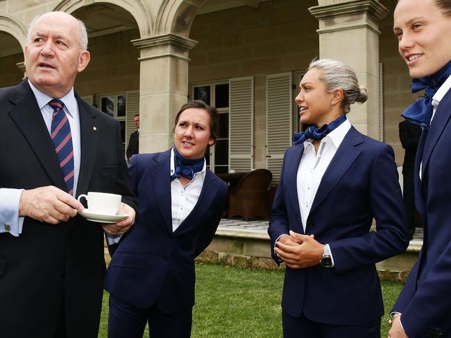 Governor-General Sir Peter Cosgrove with Australian Matildas players, Lisa De Vanna, Kyah Simon and Emily van Egmond at Admiralty House before the Australian team left for Canada. Picture: Getty