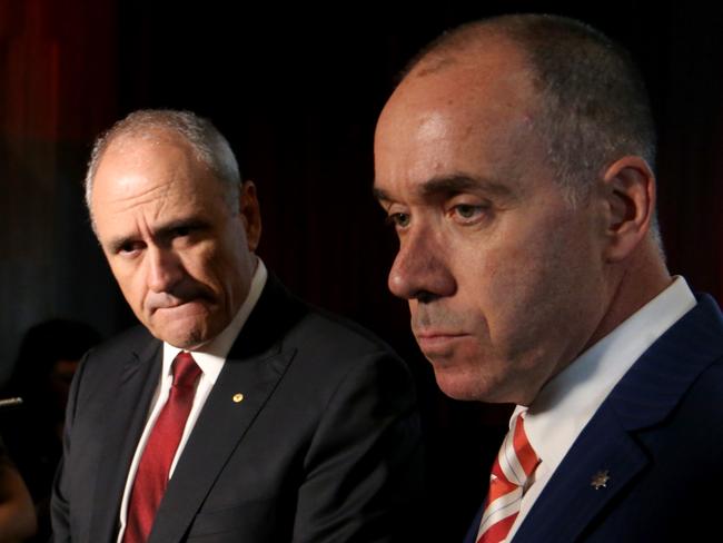 19/12/2018 NAB Chairman Ken Henry and CEO Andrew Thorburn speaking at a press conference after the AGM at Melbourne Convention Centre.Picture : David Geraghty / The Australian.