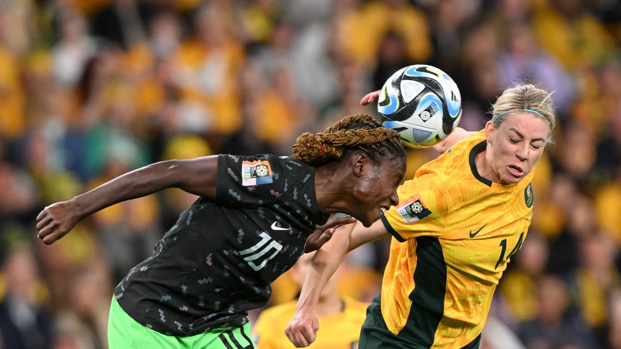 Without Sam Kerr, Gustavsson was forced to throw defender Alanna Kennedy (right) up front against Nigeria. (Photo by Bradley Kanaris/Getty Images)