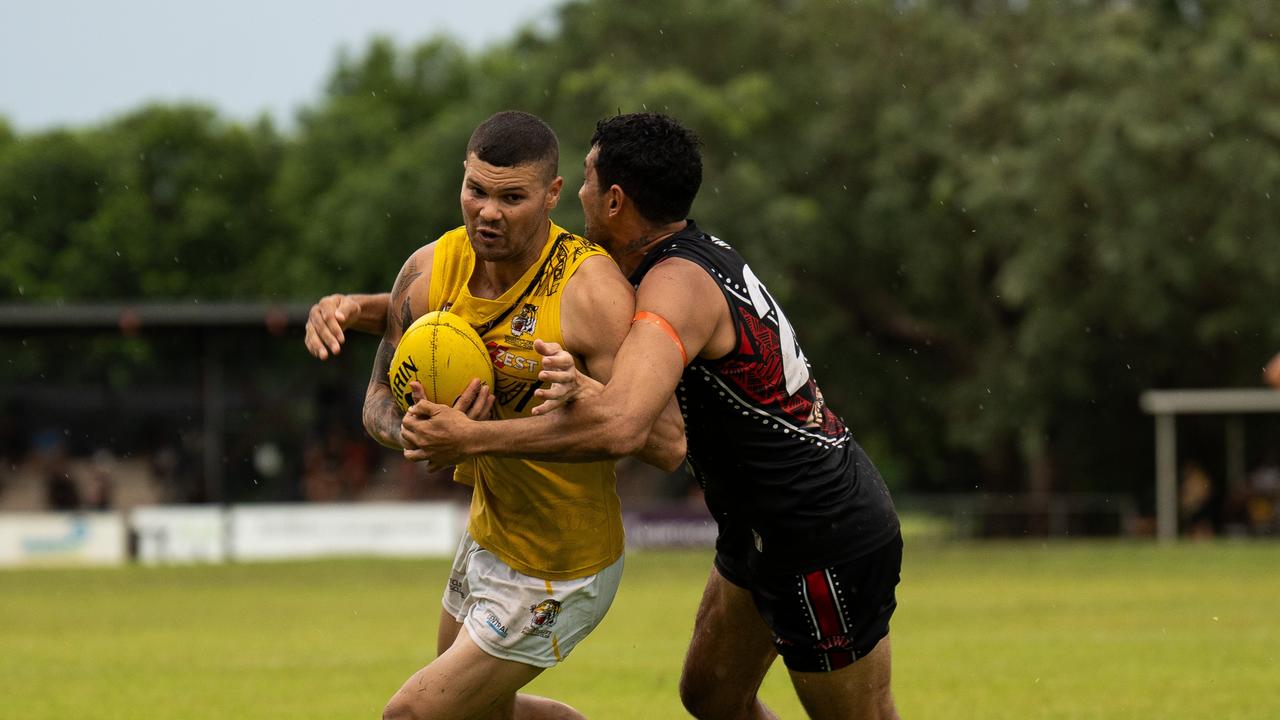 Brandan Parfitt on his Round 10 return to the Nightcliff Tigers against the Tiwi Bombers in the 2024-25 NTFL season. Picture: Jack Riddiford / AFLNT Media