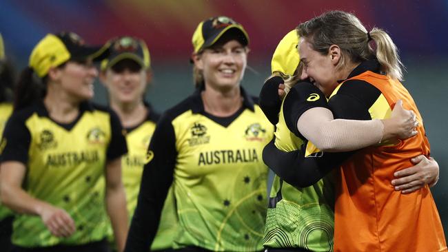 Ellyse Perry celebrates with teammates after Australia’s semi-final win over South Africa.