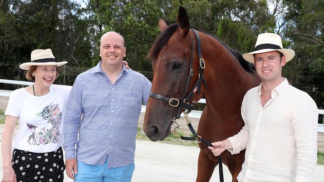 Gold Coast Turf Club board member Luke Henderson (centre) with Terminology, co-trainer Adrian Bott (R) and Gai Waterhouse. Picture: Richard Gosling.