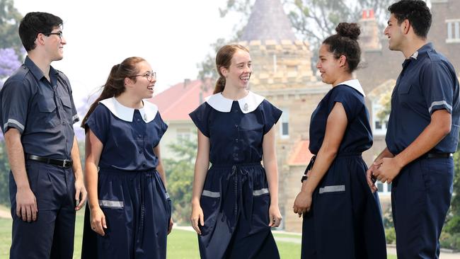 Year 12 students at North Parramatta Redeemer Baptist School L-R: Marcus Portelli, 18, Suzanne Jones, 17, Panialeise Hughes, 16, Simge Zohre, 16, and Sirach Zohre, 17, are all expected to be leaders. Picture: Jonathan Ng