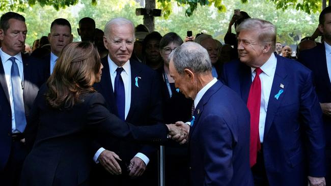 Kamala Harris and Donald Trump shake on it at ground zero as Joe Biden and former New York mayor Michael Bloomberg look on. Picture: AFP