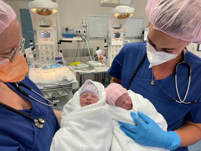 Midwives at HPH with Hannah & Florence Haugland born January 2023. Deliver for Tassie Mums campaign. Picture: Angela Haugland