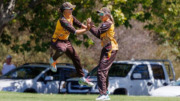 Panelli, right, celebrates a wicket with a Kensington CC teammate. Picture: Supplied