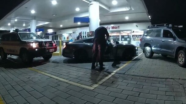 The 2021 Ford Mustang boxed in by the Tactical Crime Squad at the Mobil servo on Cairns Western Arterial Rd. Picture: Queensland Police