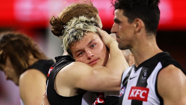 SYDNEY, AUSTRALIA - SEPTEMBER 17: Jack Ginnivan of the Magpies looks dejected after defeat during the AFL Second Preliminary match between the Sydney Swans and the Collingwood Magpies at Sydney Cricket Ground on September 17, 2022 in Sydney, Australia. (Photo by Mark Kolbe/AFL Photos/via Getty Images)