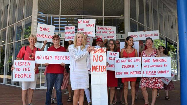 Opponents to the paid parking scheme at Bangalow gathered for a protest outside the Byron Shire Council chambers at Mullumbimby. Picture: Samantha Poate