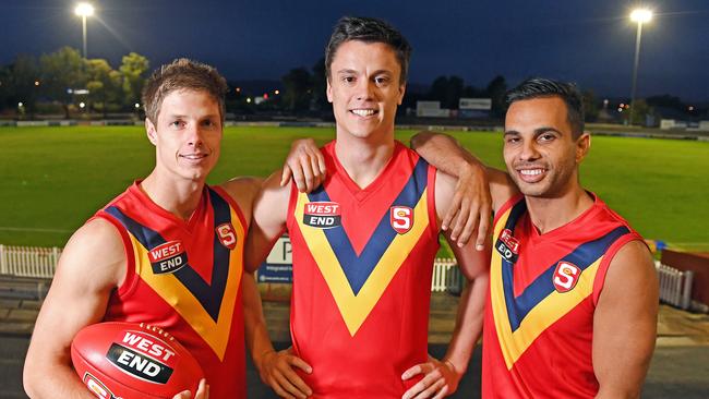 State team captain Jack Stephens (Sturt), centre, with Matt Rose (South) and Danyle Pearce (Sturt) at Prospect Oval. Picture: Tom Huntley