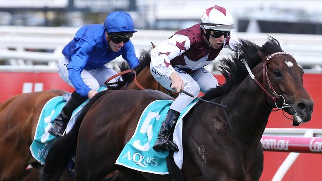 Caulfield Guineas Day. 13/10/2018. Race 7. The Toorak Handicap. Land of Plenty ridden by Damian Lane beats home Hartnell ridden by James McDonald to win the Toorak Hcap . Pic: Michael Klein