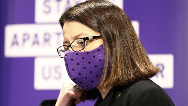 Victorian Health Minister Jenny Mikakaos wears a homemade face mask in the daily briefing on July 19.