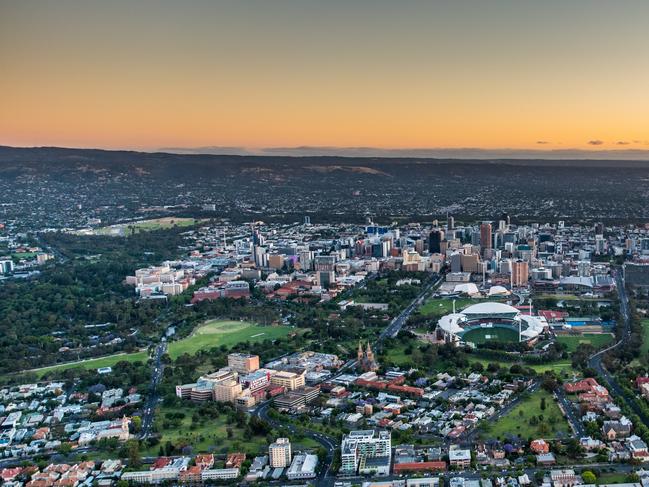 Adelaide Oval and City from the air . aerial , skyline , river torrens . RAH , Festival Centre , King William Street , North Adelaide .   Credit: Airborne Photography