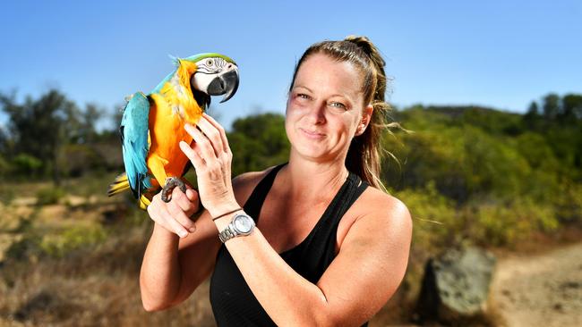 Cherrie Veneman takes her 17 month old Macaw, Blue, down to the Strand and Pallarenda to fly around and say hi to Townsville locals. Picture: Alix Sweeney