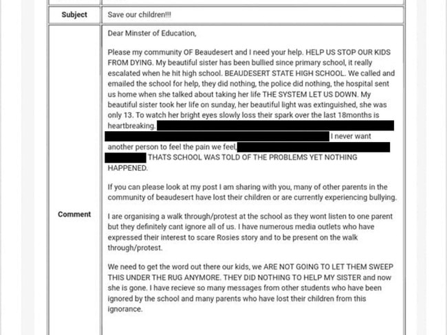 Ms Lambert shared a copy of her letter to the Department of Education pleading for action against bullying. Parts of the letter have been redacted as they contain distressing information. Picture: Facebook