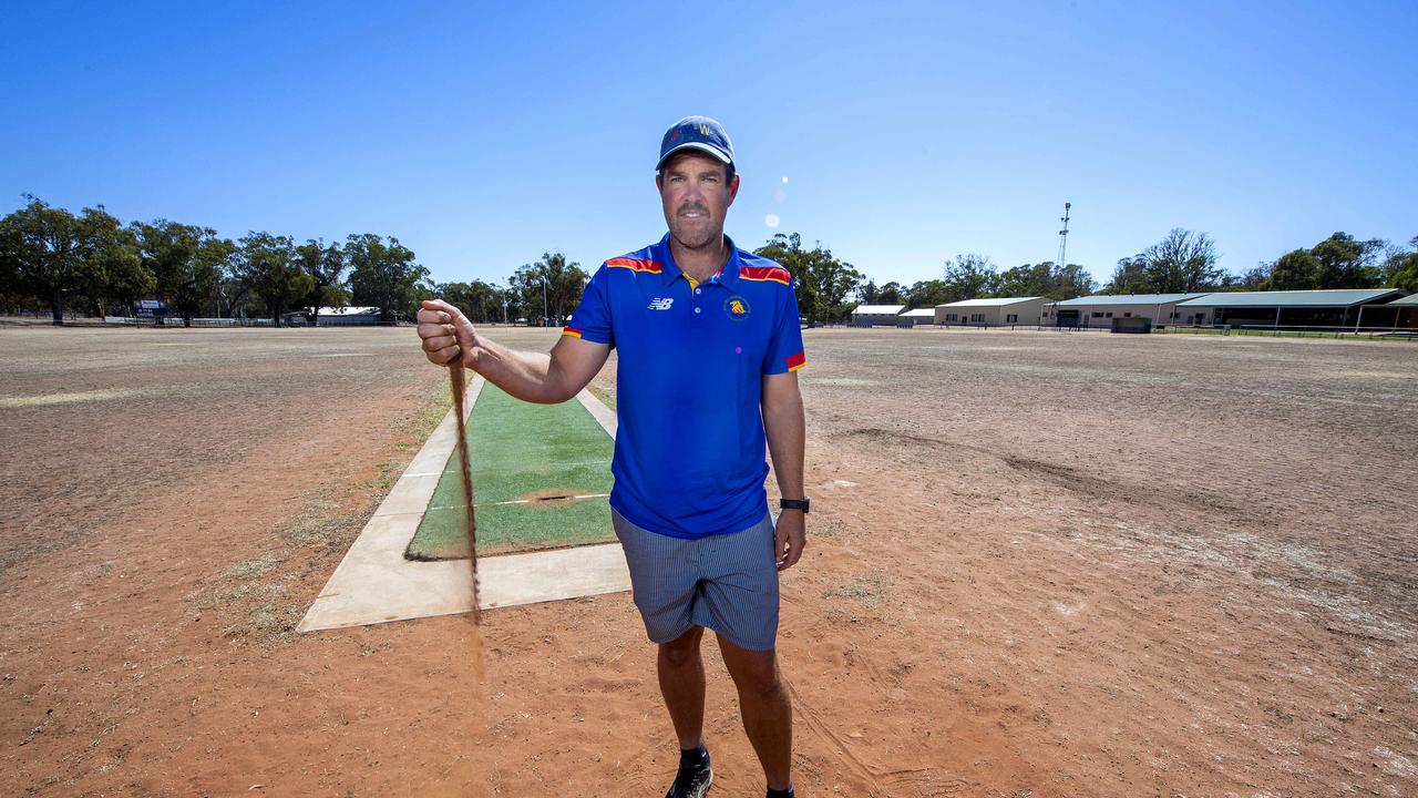 Joe Koch farmer and president of the Boolaroo, Melrose and Wilmington Football Club on their once green now dirt oval at Melrose. Picture: Mark Brake