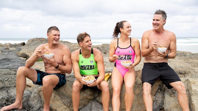 Trevor Hendy, TJ Hendy, Jordan Mercer and Darren Mercer enjoy a bowl of Nutri-Grain. Supplied.