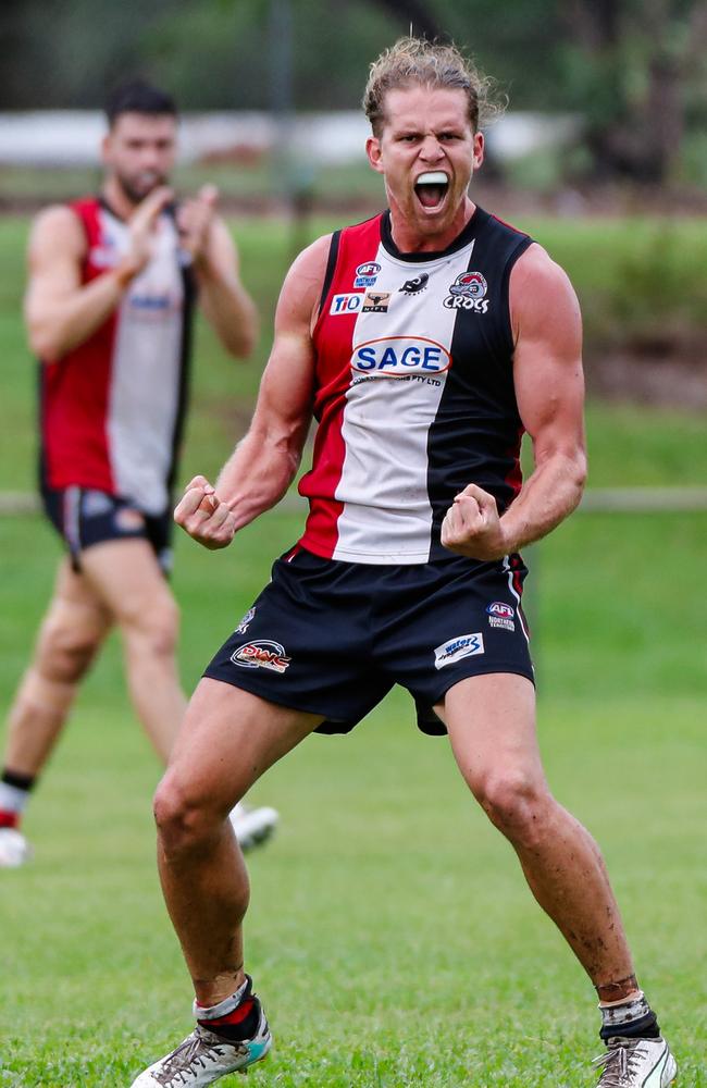 Southern Districts' Jed Anderson celebrates as his side beats the Darwin Buffaloes in Round 13 of the 2023-24 NTFL season. Picture: Celina Whan / AFLNT Media