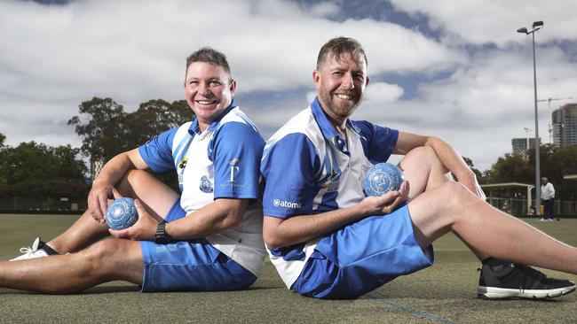 Players Scott Thulborn and Wayne Ruediger on the greens at Adelaide Bowling Club in November. Picture: AAP/Dean Martin