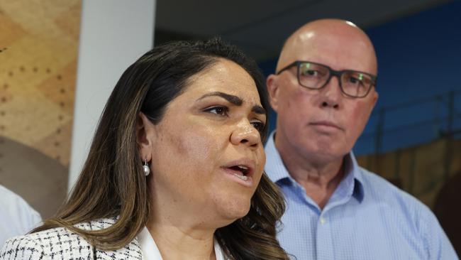 Jacinta Nampijinpa Price and Opposition Leader Peter Dutton campaign for the No case in Dubbo in central-west NSW. Picture: Chris Pavlich