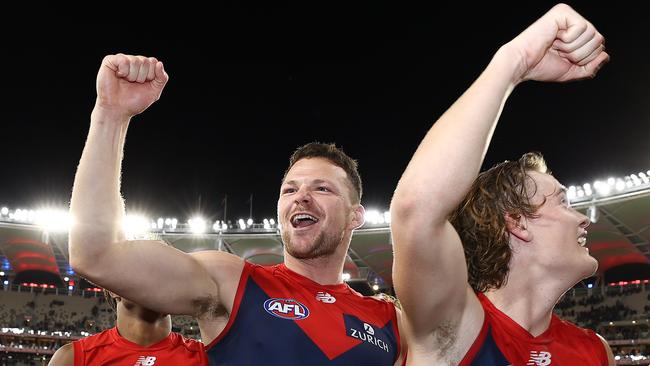 Steven May enjoys Melbourne’s preliminary final romp. Picture: Michael Klein.