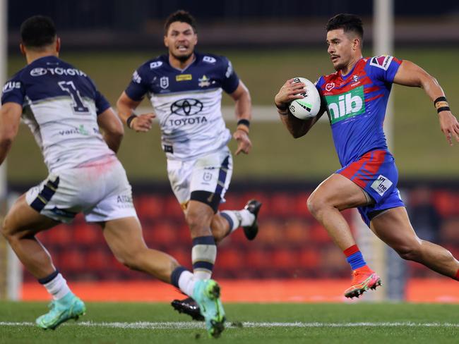 Enari Tuala of the Knights in action during the round 16 NRL match between the Newcastle Knights and the North Queensland Cowboys at McDonald Jones Stadium.